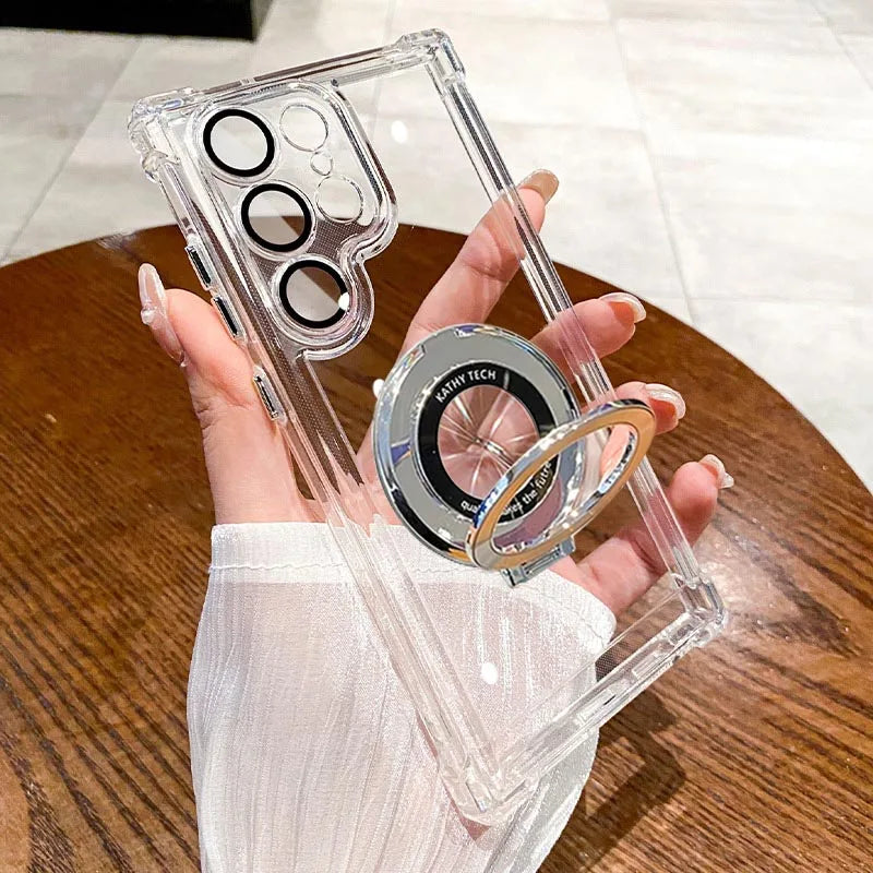 Luxury Magnetic Plating Stand Shockproof Clear Case For Samsung Galaxy S25 S24 Ultra  Acrylic Back Cover
