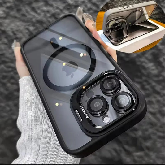 Luxury Magnetic Shockproof Phone Case For iPhone 16 15 17 Pro Max Stand Glass Lens Protector Cover