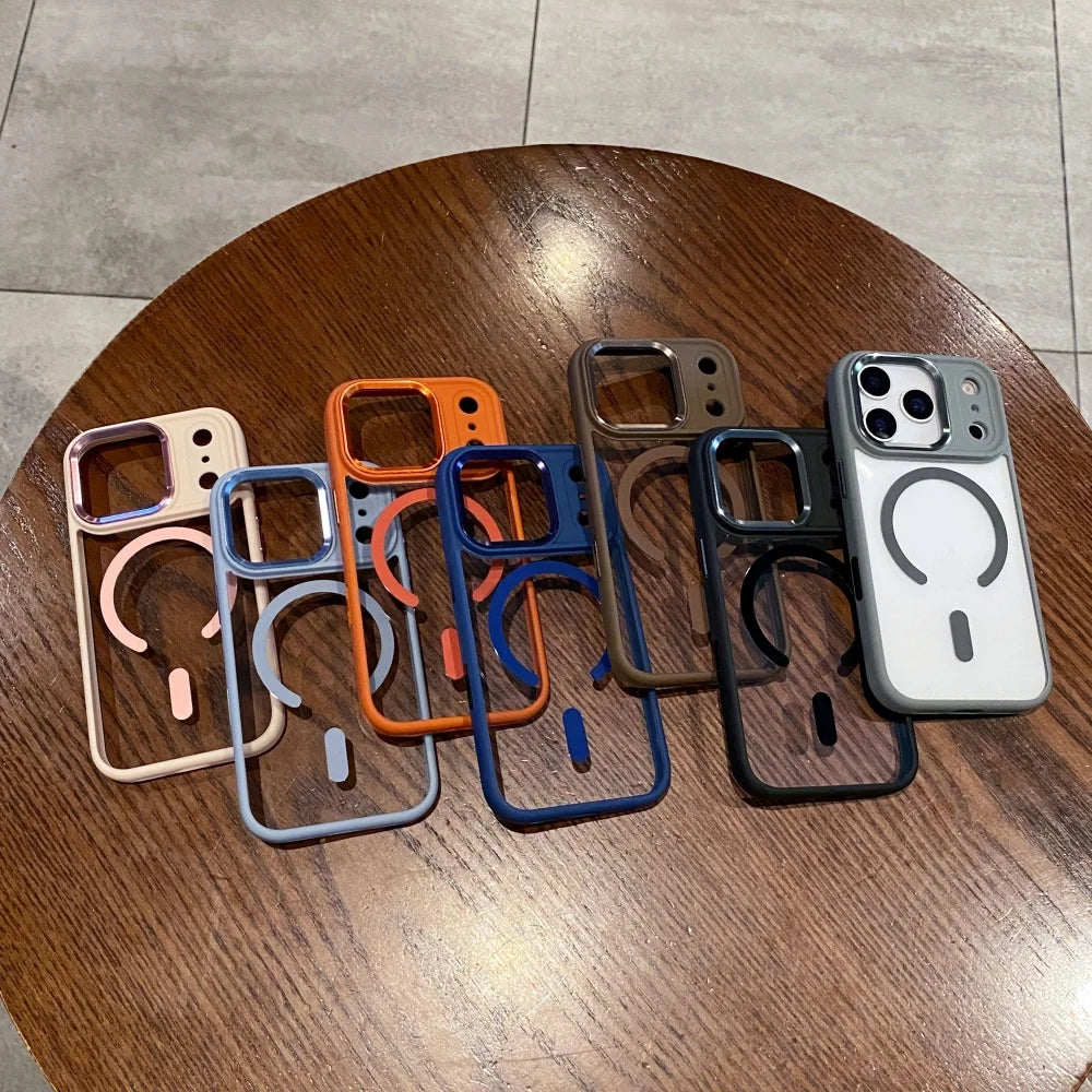 Transparent for Magsafe Armor Case for iPhone 17 16 15 14 Pro Max Plus 17 Air Magnetic Acrylic Metal Lens Shockproof Cover
