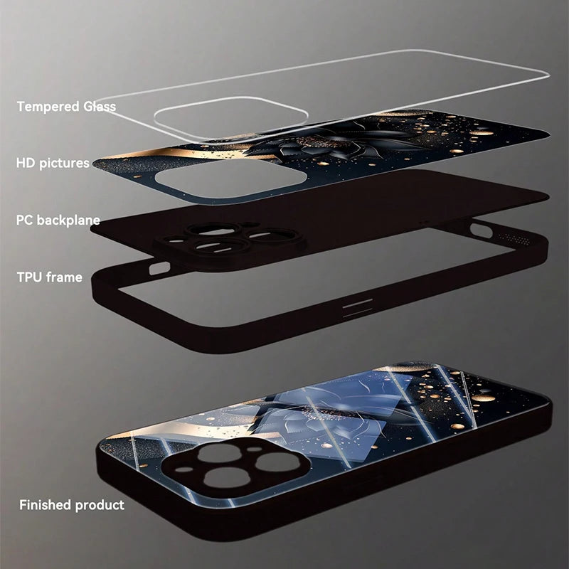 Luxury Black Lotus Flower Pattern Tempered Glass Phone Case For iPhone 17 16 15 14 13 12 11 Pro Max 17Air 7 8 Plus XR XS X Cover
