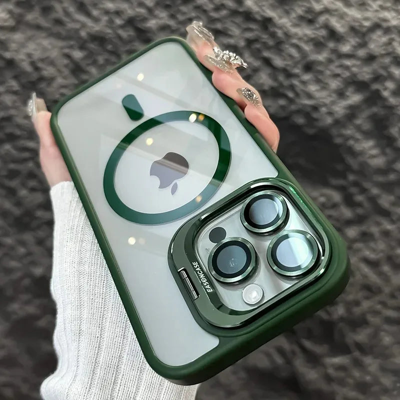 Luxury Magnetic Shockproof Phone Case For iPhone 16 15 17 Pro Max Stand Glass Lens Protector Cover