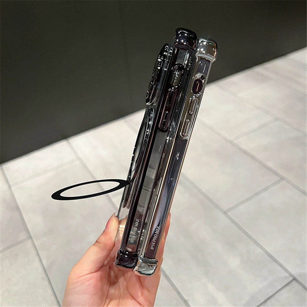 Luxury Plating Shockproof Magnetic Bracket For Magsafe Clear Case For iPhone 15 16 14 13 12 17 Pro Max With Holder Stand Cover