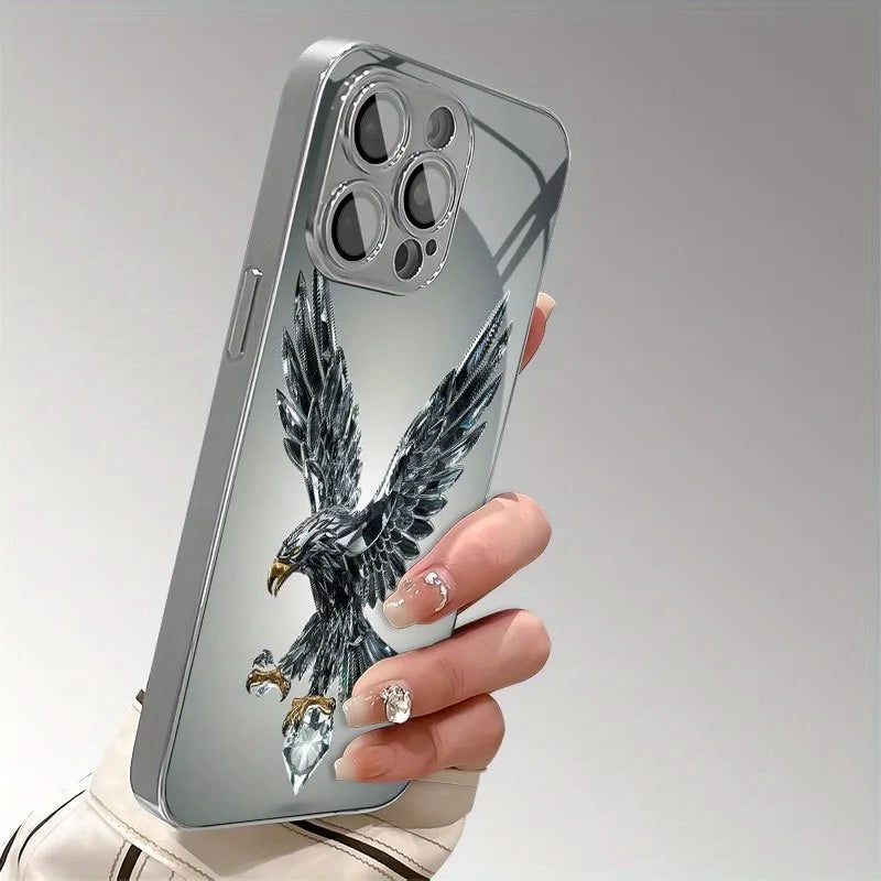 Light Luxury Crystal Eagle Pattern Glass Electroplated Phone Case For iPhone 11 12 13 14 15 16 17 Pro Max Plus 16E 17 Air Cover