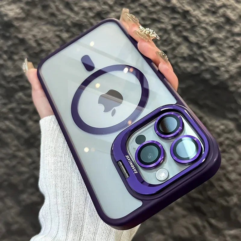 Luxury Magnetic Shockproof Phone Case For iPhone 16 15 17 Pro Max Stand Glass Lens Protector Cover