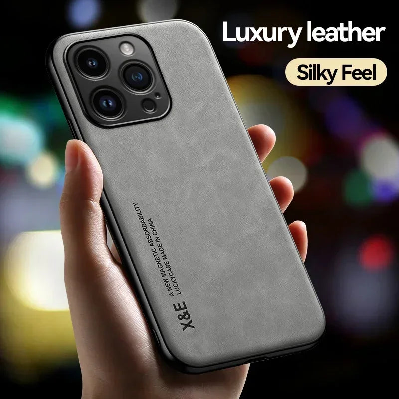 Luxury Leather Case For iPhone 16 16e 15 14 13 12 11 Pro Max Plus 12 13 Cover With Metal Plate Support Car Hold