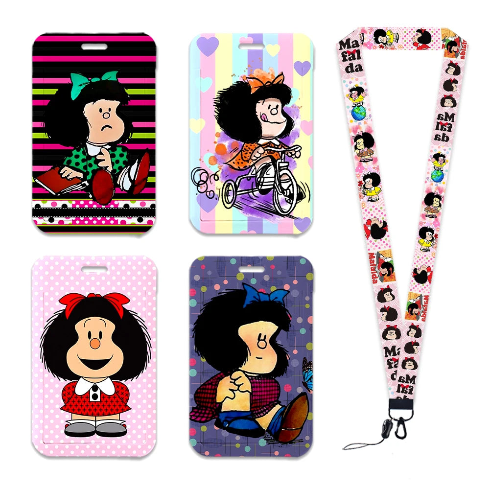 Cartoon Cute Mafalda Card Holder & Keychain for Girls | Student Badge Holder, Phone Strap, and Lanyard Pendant