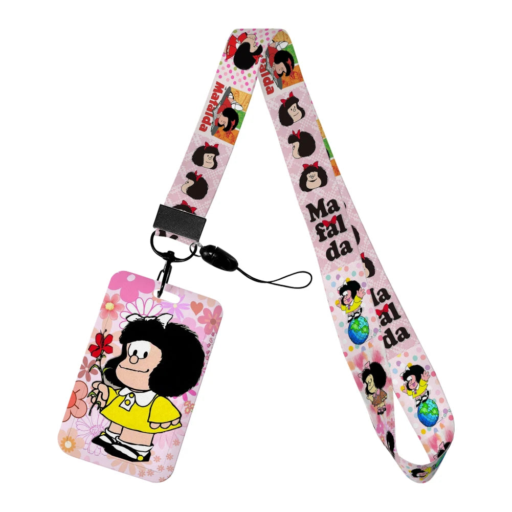 Cartoon Cute Mafalda Card Holder & Keychain for Girls | Student Badge Holder, Phone Strap, and Lanyard Pendant