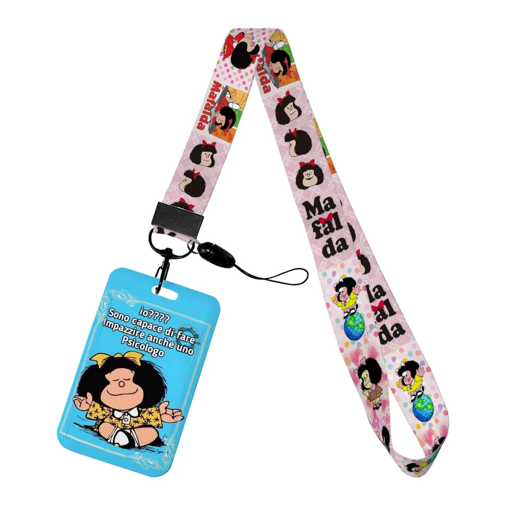 Cartoon Cute Mafalda Card Holder & Keychain for Girls | Student Badge Holder, Phone Strap, and Lanyard Pendant