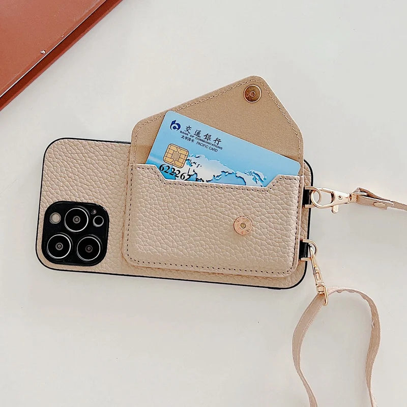 Luxury Crossbody strap lanyard wallet leather case for iPhone 16 17 16pro 15 pro card holder phone cover