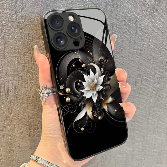 Luxury Black Lotus Flower Pattern Tempered Glass Phone Case For iPhone 17 16 15 14 13 12 11 Pro Max 17Air 7 8 Plus XR XS X Cover