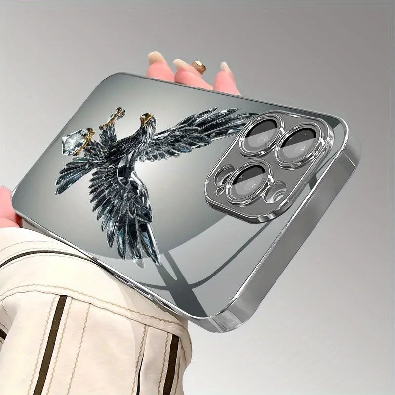 Light Luxury Crystal Eagle Pattern Glass Electroplated Phone Case For iPhone 11 12 13 14 15 16 17 Pro Max Plus 16E 17 Air Cover