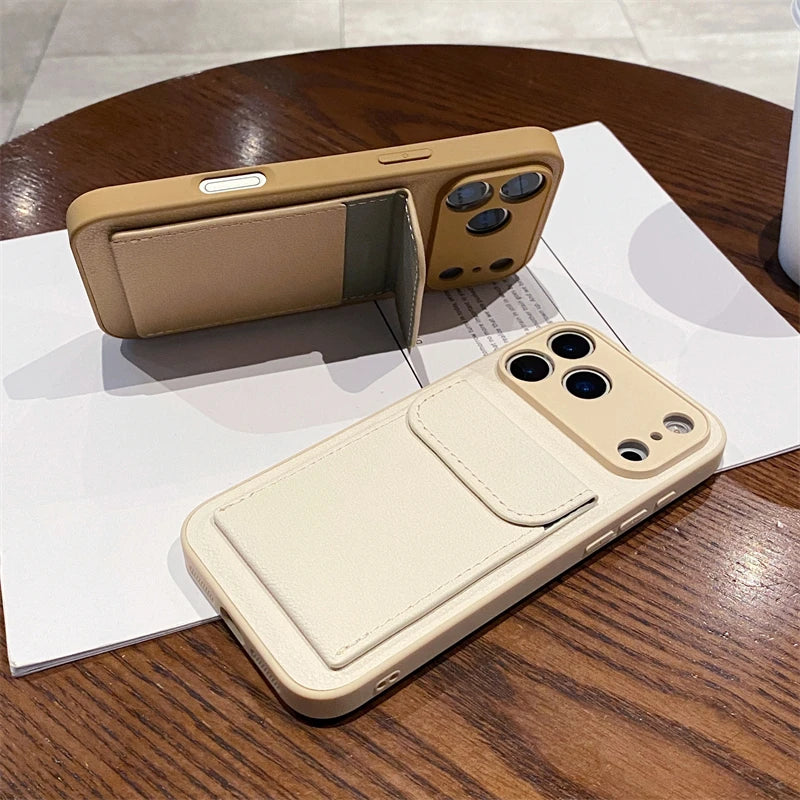 Leather Wallet Case with Card Slot for iPhone15 16 16E 17 Air Pro Max | Shockproof Card Holder Cover