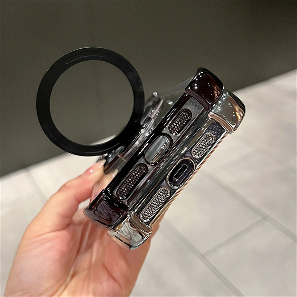 Luxury Plating Shockproof Magnetic Bracket For Magsafe Clear Case For iPhone 15 16 14 13 12 17 Pro Max With Holder Stand Cover