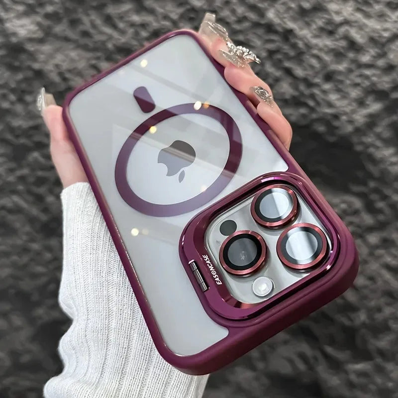 Luxury Magnetic Shockproof Phone Case For iPhone 16 15 17 Pro Max Stand Glass Lens Protector Cover