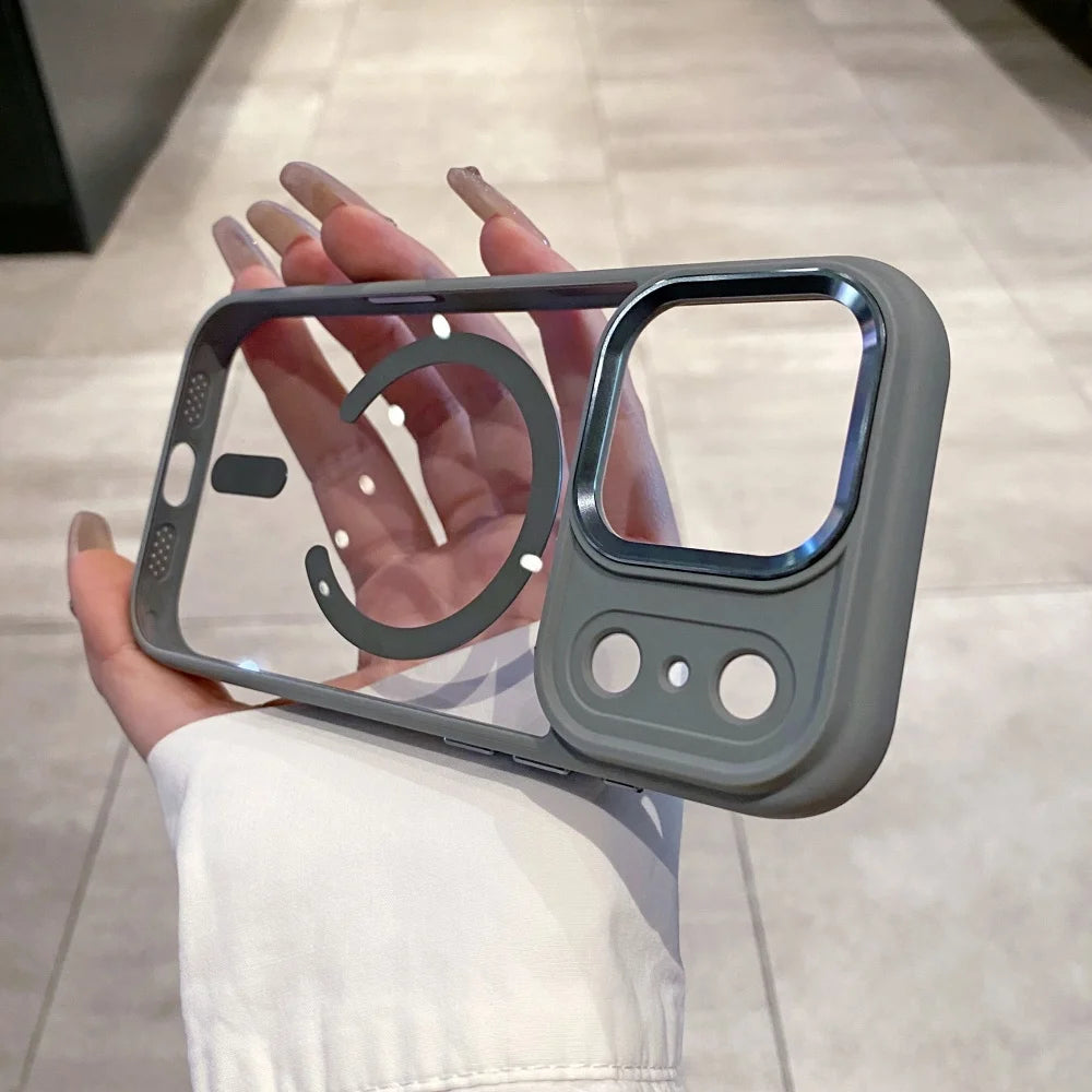 Transparent for Magsafe Armor Case for iPhone 17 16 15 14 Pro Max Plus 17 Air Magnetic Acrylic Metal Lens Shockproof Cover
