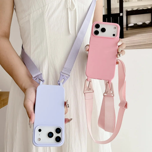 Crossbody Necklace Strap Lanyard Matte Silicone Case For iPhone 17 16 15 Pro Max Plus SE Shockproof Cover