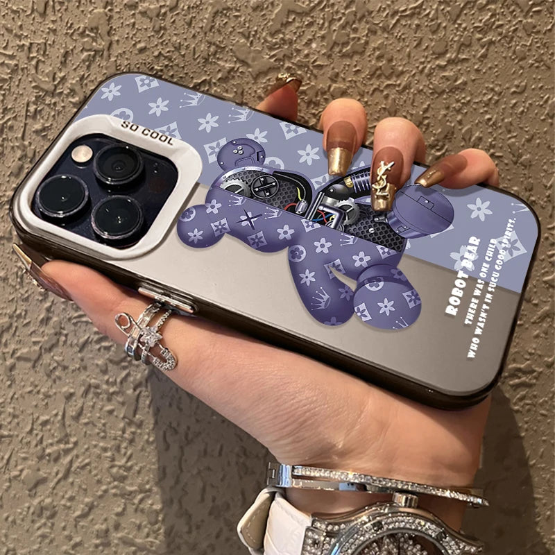 Shockproof Matte Plating Case for iPhone 13, 12, 11 Pro Max, XS, XR, X, Plus – Retro Robot Bear Hard Cover