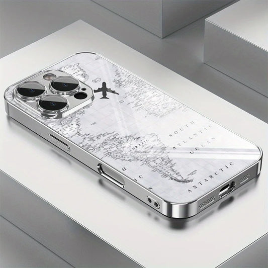 Creative Grey Map Plane Flight Print Pattern Electroplate TPU Case For iPhone 17 16 15 14 13 12 11 Pro Max Plus 17 Air Cover