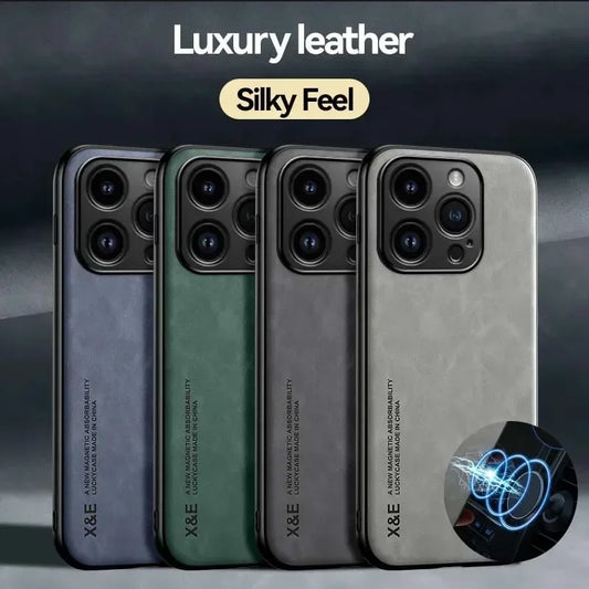 Luxury Leather Case For iPhone 16 16e 15 14 13 12 11 Pro Max Plus 12 13 Cover With Metal Plate Support Car Hold