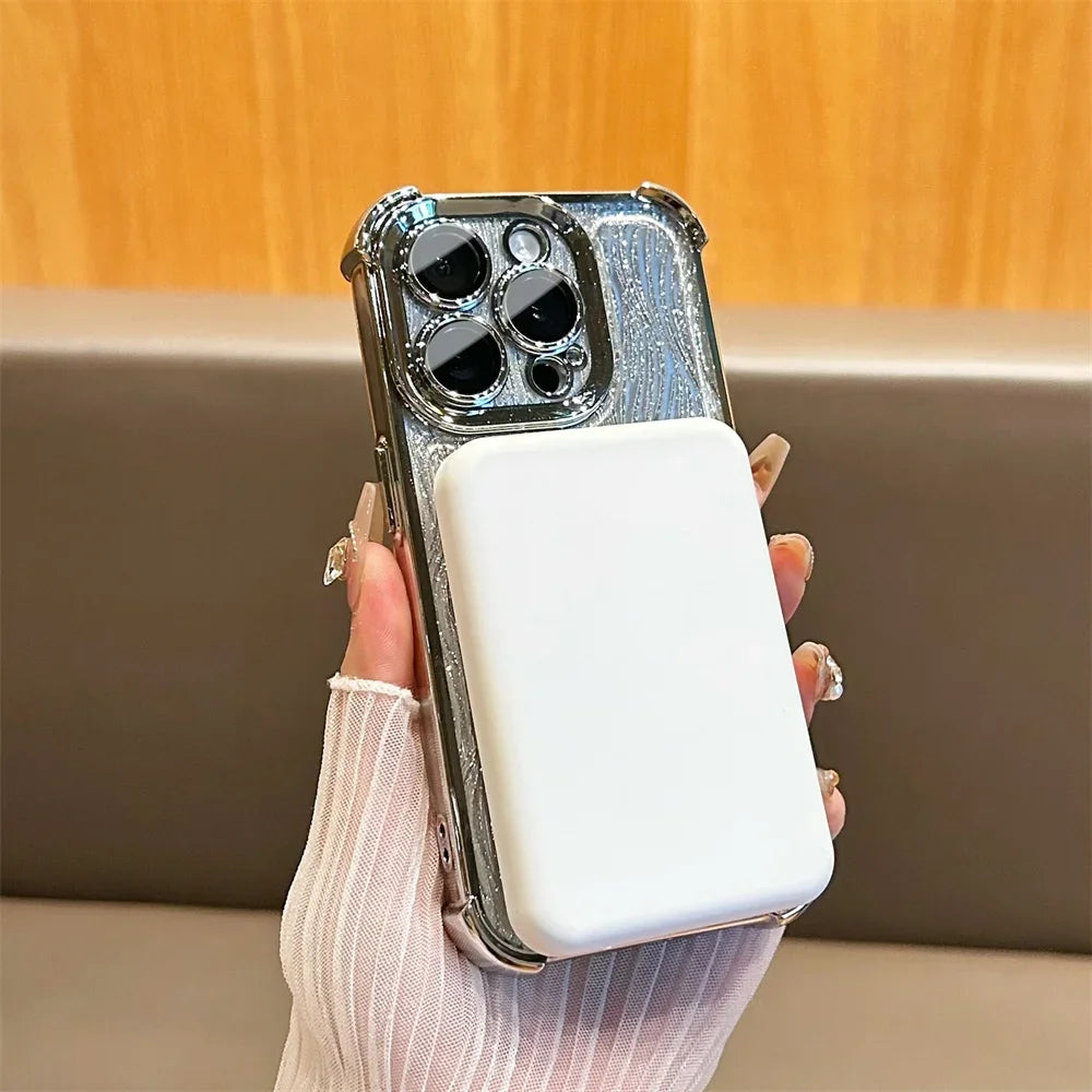 Glitter Water Ripple Magsafe Logo Hole Case For iPhone 14 15 Pro Max 13 Pro Folding Holder Cover For iPhone 16 Plus Hard Shell