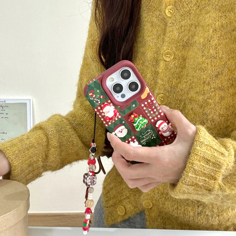 3D Christmas Elk & Santa Claus Phone Case with Lanyard for iPhone 11–17 Series | Soft Holiday Cover