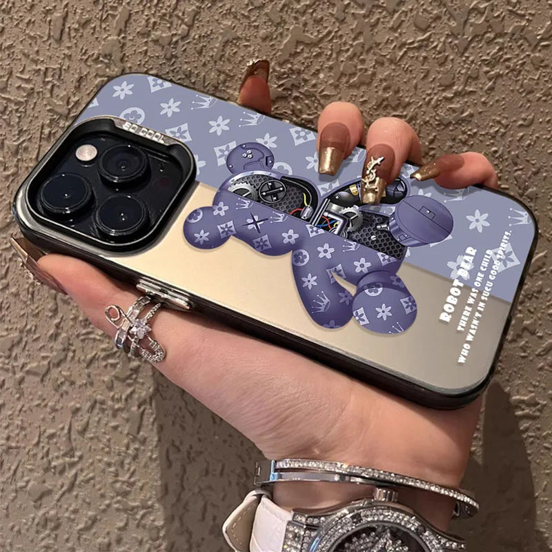 Shockproof Matte Plating Case for iPhone 16, 15, 14, Pro Max, Plus, – Retro Robot Bear Hard Cover
