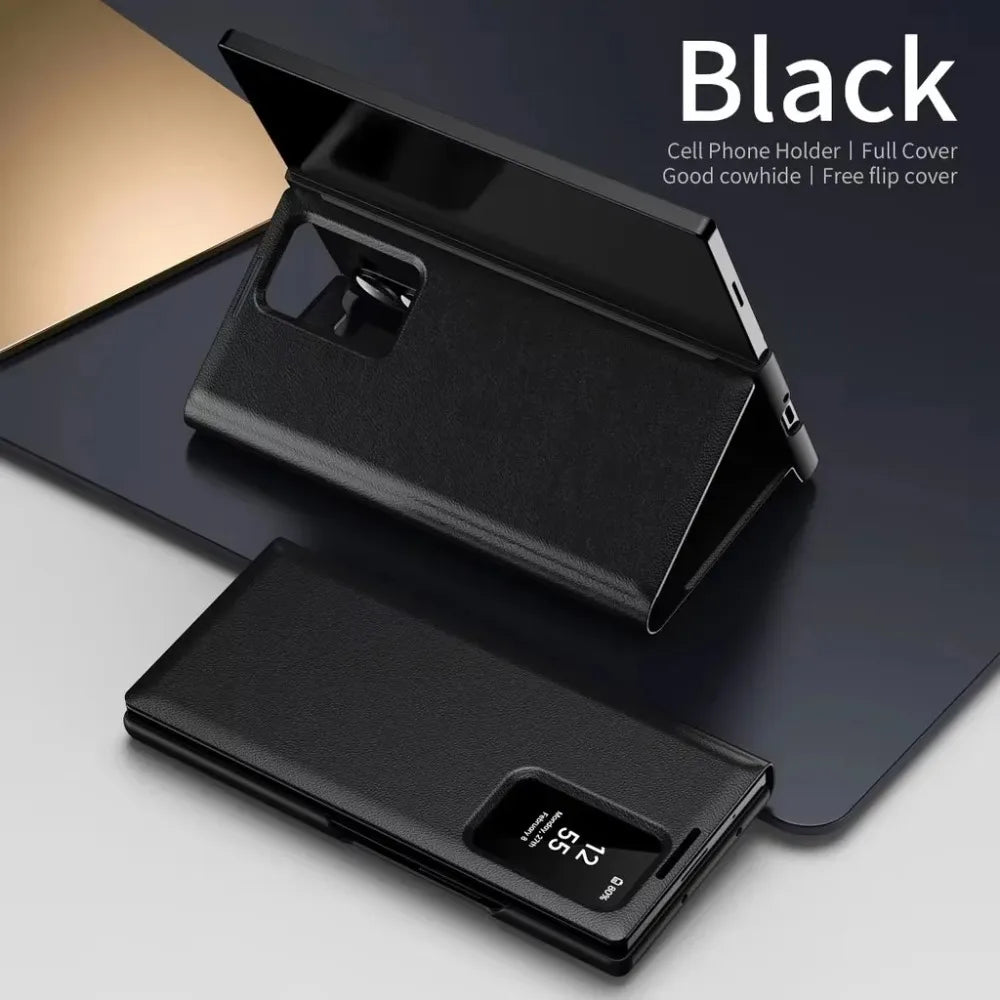 Minimalist Leather Wallet Card Holder Case for Samsung Galaxy S22 S23 S24 S25 Plus Ultra | Smart Clear View Flip Cover