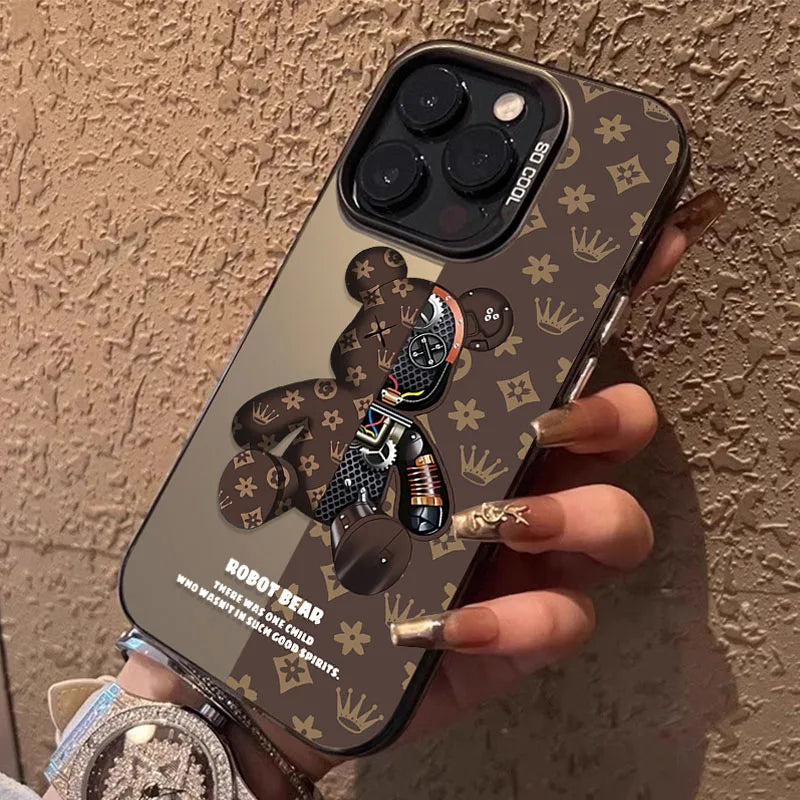 Shockproof Matte Plating Case for iPhone 16, 15, 14, Pro Max, Plus, – Retro Robot Bear Hard Cover