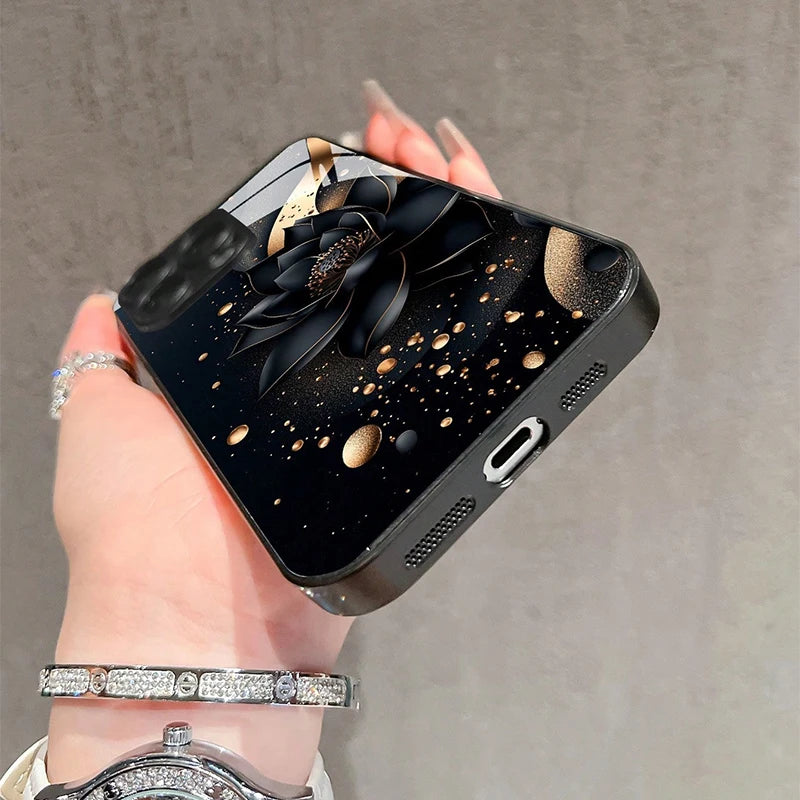 Luxury Black Lotus Flower Pattern Tempered Glass Phone Case For iPhone 17 16 15 14 13 12 11 Pro Max 17Air 7 8 Plus XR XS X Cover