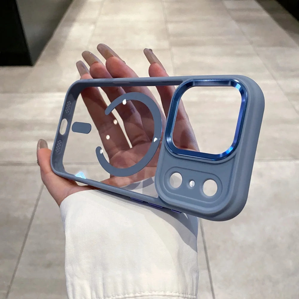 Transparent for Magsafe Armor Case for iPhone 17 16 15 14 Pro Max Plus 17 Air Magnetic Acrylic Metal Lens Shockproof Cover