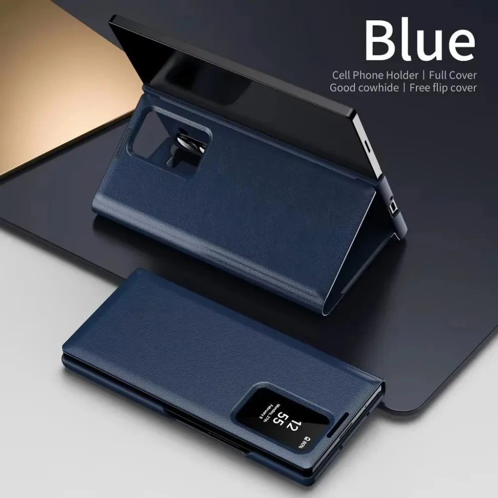 Minimalist Leather Wallet Card Holder Case for Samsung Galaxy S22 S23 S24 S25 Plus Ultra | Smart Clear View Flip Cover