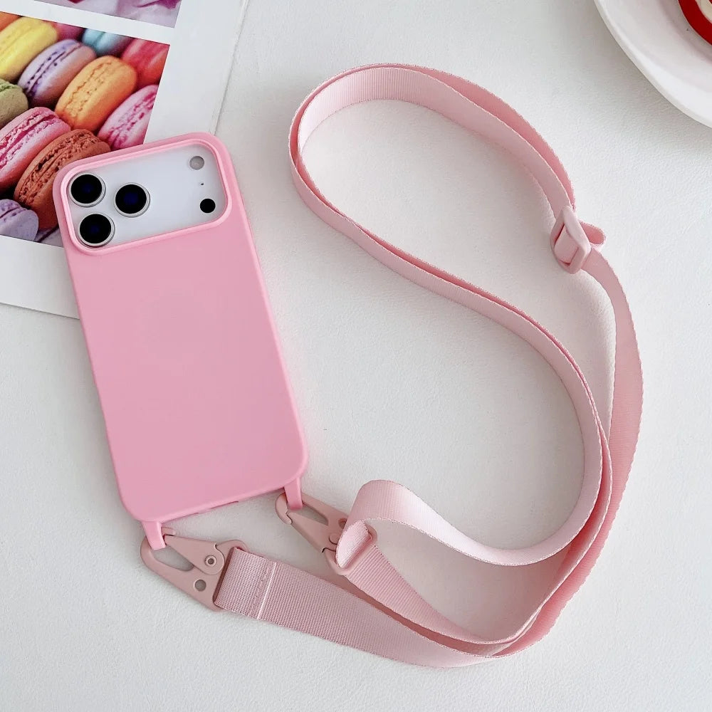 Crossbody Necklace Strap Lanyard Matte Silicone Case For iPhone 17 16 15 Pro Max Plus SE Shockproof Cover