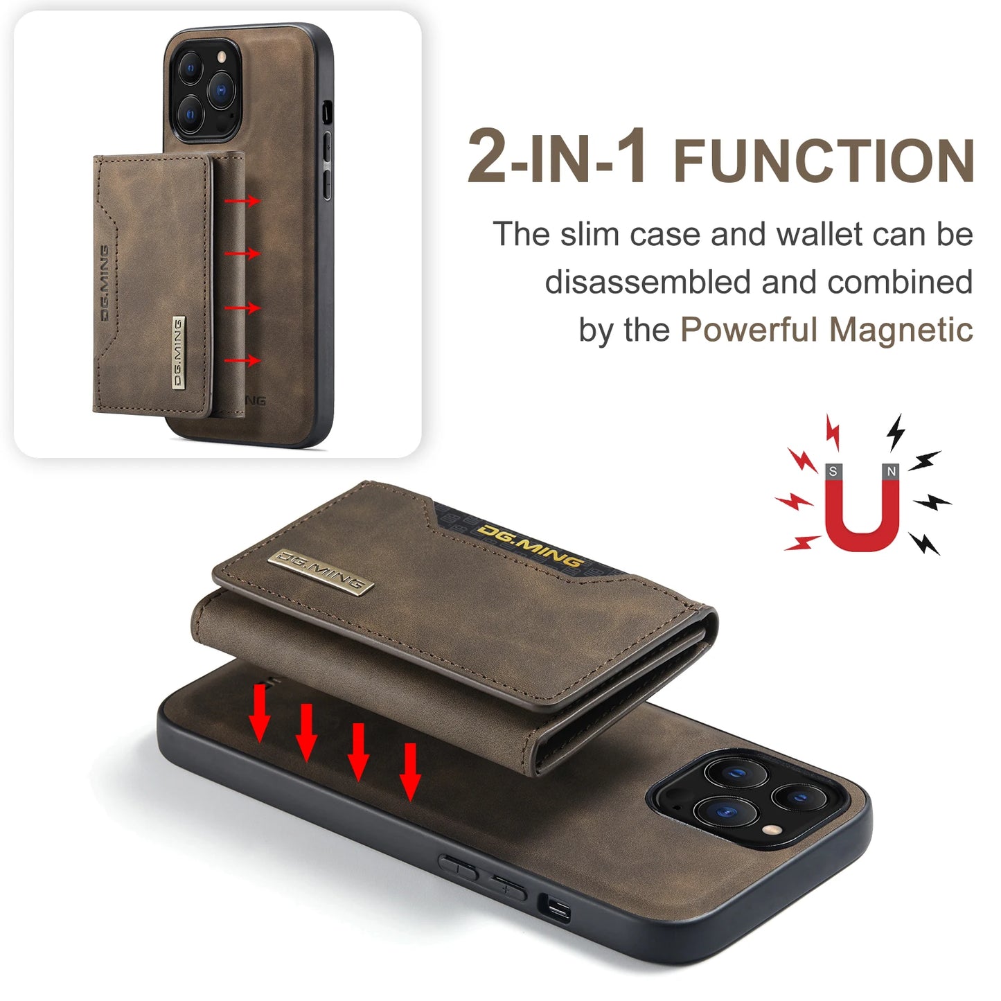 2 In 1 Detachable Magnetic Leather Case for IPhone 16 17 Pro Max 15 Wallet Cover Cards Holder Pocket