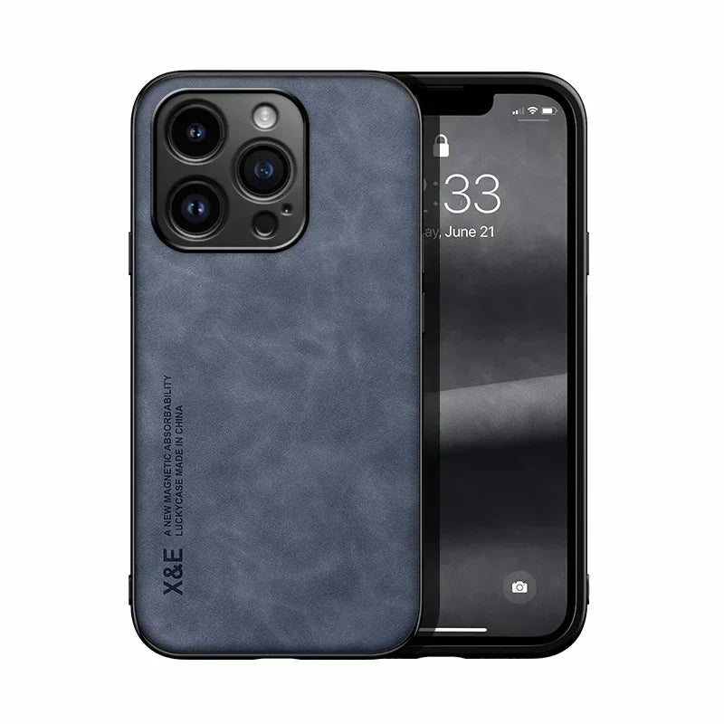 Luxury Leather Case For iPhone 16 16e 15 14 13 12 11 Pro Max Plus 12 13 Cover With Metal Plate Support Car Hold