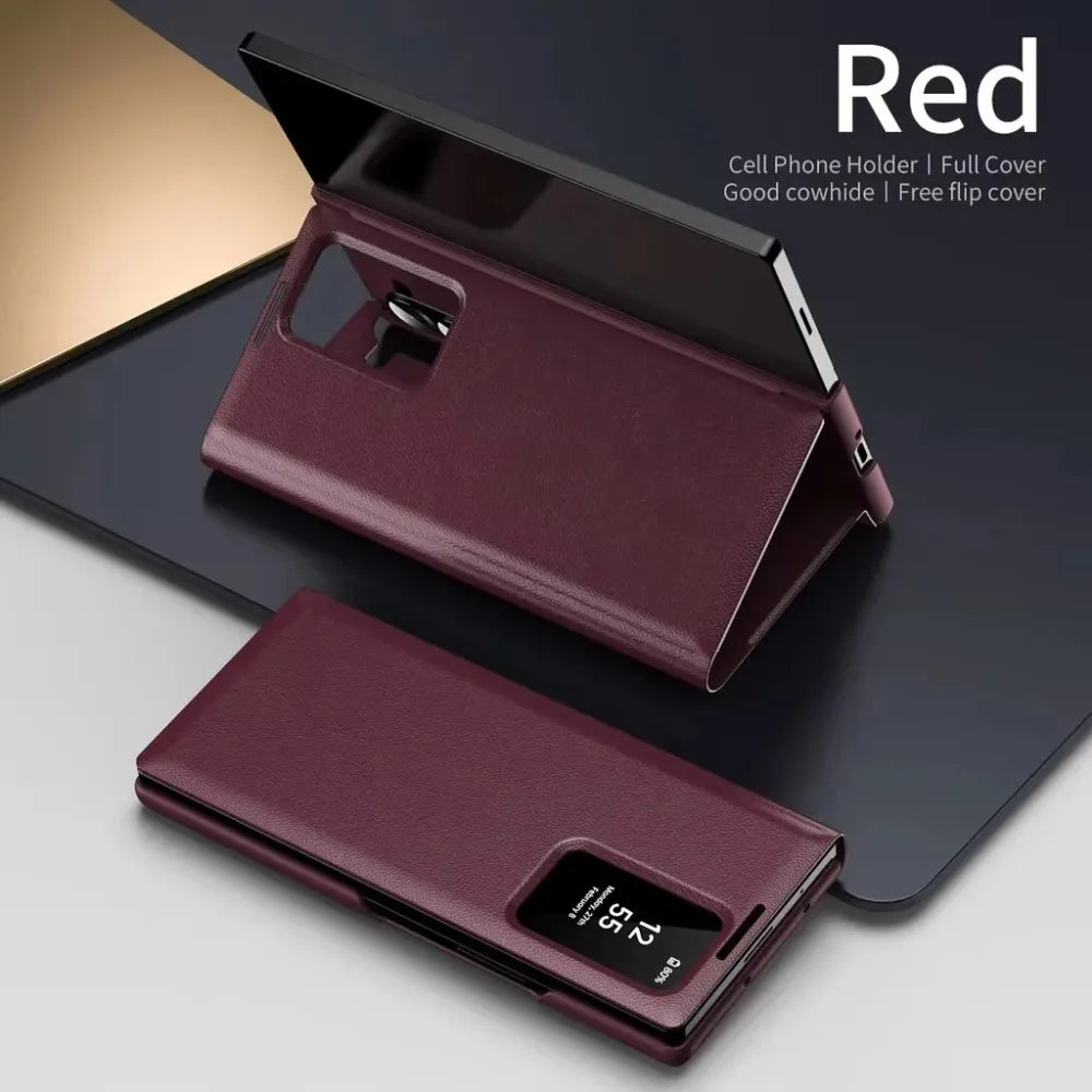 Minimalist Leather Wallet Card Holder Case for Samsung Galaxy S22 S23 S24 S25 Plus Ultra | Smart Clear View Flip Cover