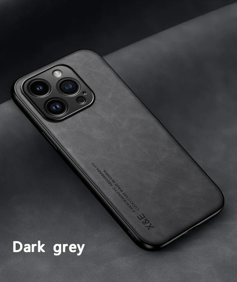 Luxury Leather Case For iPhone 16 16e 15 14 13 12 11 Pro Max Plus 12 13 Cover With Metal Plate Support Car Hold