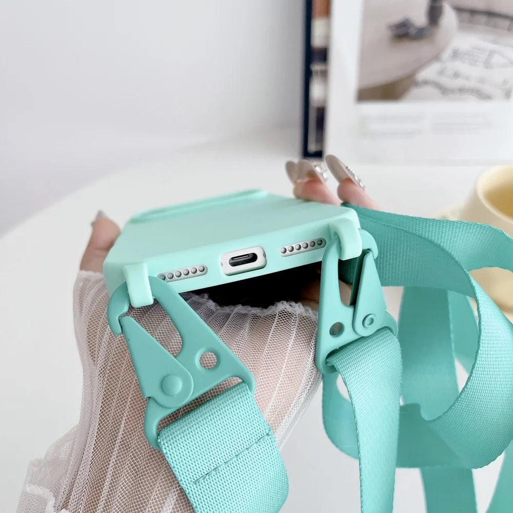 Crossbody Necklace Strap Lanyard Matte Silicone Case For iPhone 17 16 15 Pro Max Plus SE Shockproof Cover