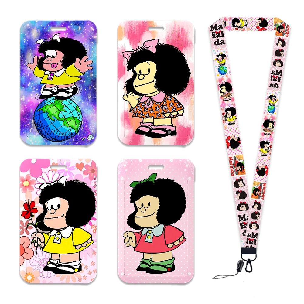 Cartoon Cute Mafalda Card Holder & Keychain for Girls | Student Badge Holder, Phone Strap, and Lanyard Pendant