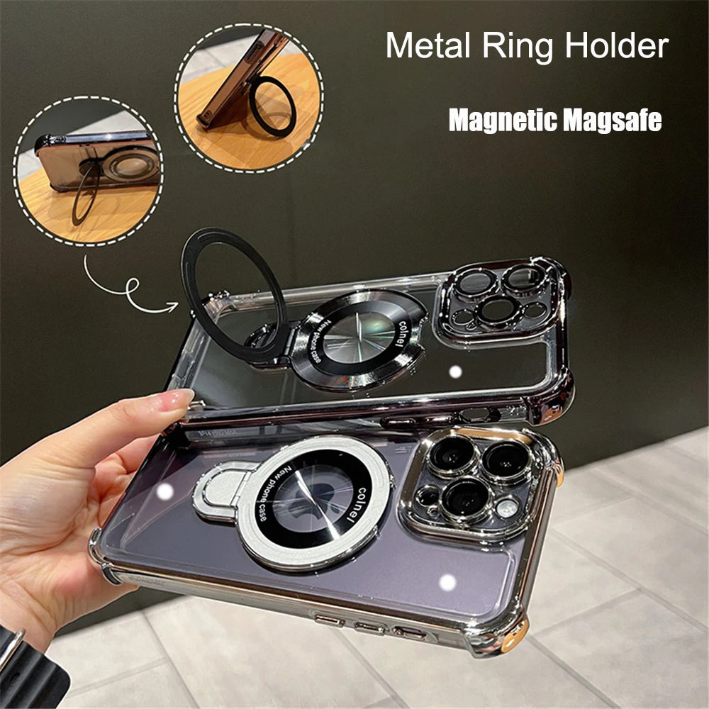 Luxury Plating Shockproof Magnetic Bracket For Magsafe Clear Case For iPhone 15 16 14 13 12 17 Pro Max With Holder Stand Cover