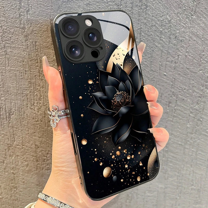 Luxury Black Lotus Flower Pattern Tempered Glass Phone Case For iPhone 17 16 15 14 13 12 11 Pro Max 17Air 7 8 Plus XR XS X Cover