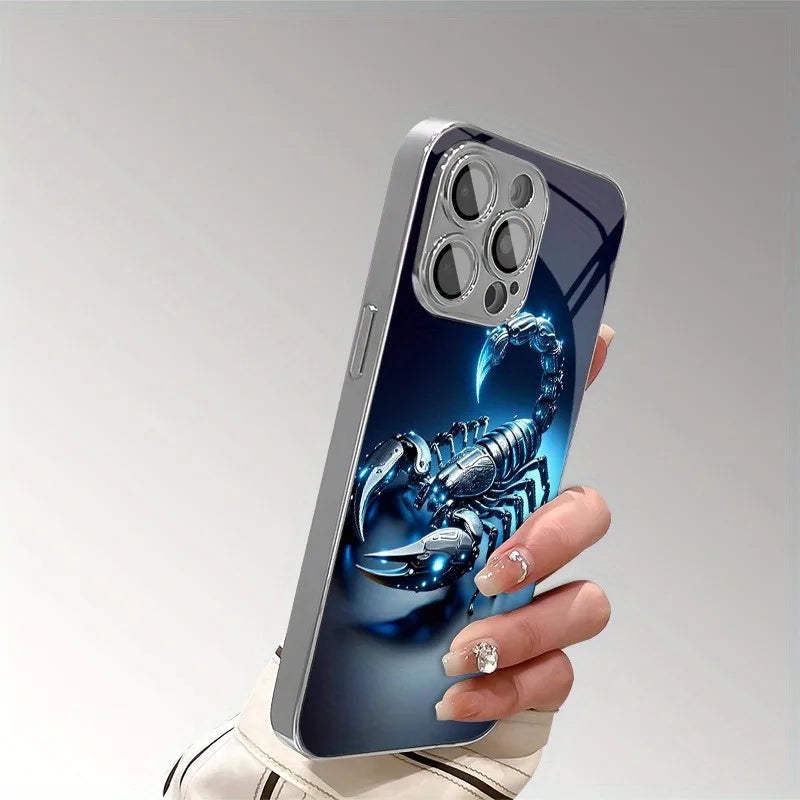 Blue Light Metallic Scorpion Pattern Glass Electroplate Phone Case For iPhone 11 12 13 14 15 16 17 Pro Max Plus 16E 17 Air Cover