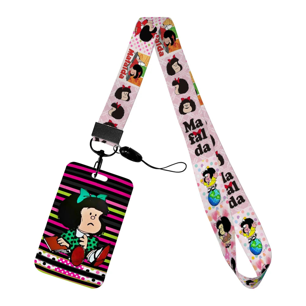Cartoon Cute Mafalda Card Holder & Keychain for Girls | Student Badge Holder, Phone Strap, and Lanyard Pendant