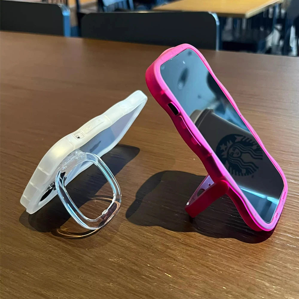 2IN1 Folding Stand Wave Clear Phone Case For iPhone 17 16 15 11 12 13 14 Pro Max Fashion 3D Curly Shockproof Protective Cover