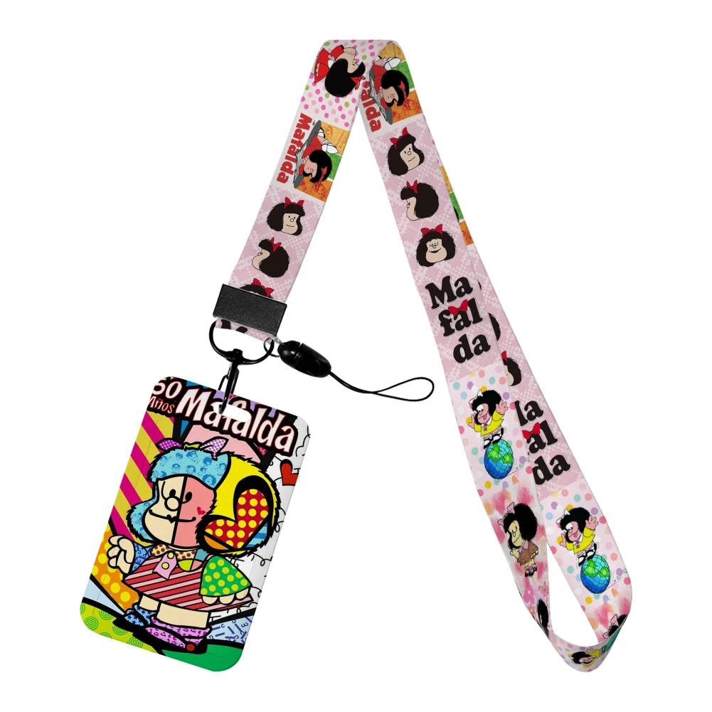 Cartoon Cute Mafalda Card Holder & Keychain for Girls | Student Badge Holder, Phone Strap, and Lanyard Pendant