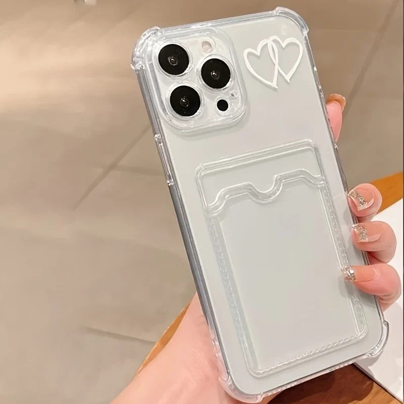 Card Holder Clear Shockproof Case for iPhone Plus, X, XR, XS, 11, 12, 13, 14, 15 Pro Max – Love Heart Graphic Soft Cover