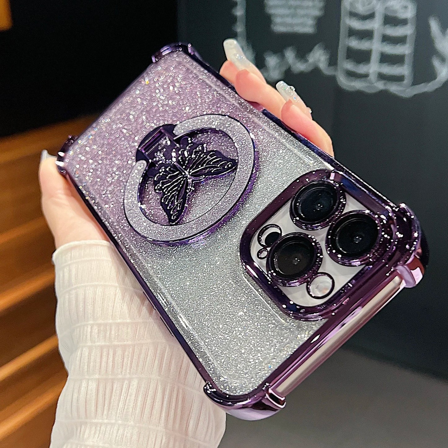 Luxury Butterfly Glitter Holder With Lens Film Phone Case For iPhone 11 12 13 14 15 16 Pro Max Plus Four Corner Anti Fall Cover