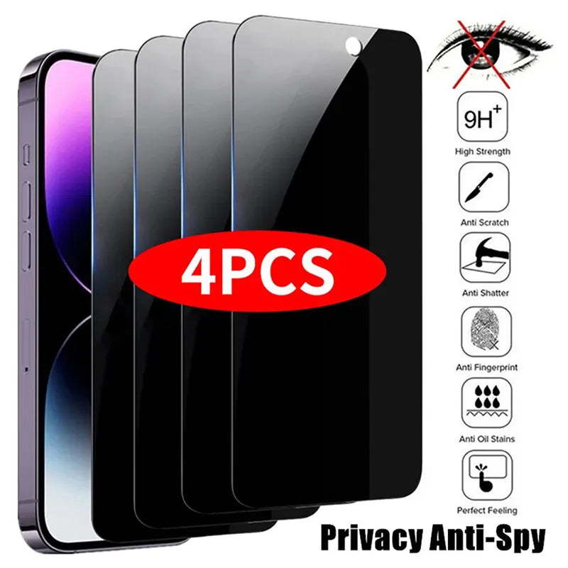 4pcs Privacy Screen Protector – Anti-Spy Tempered Glass for iPhone 11–16 Pro / Mini