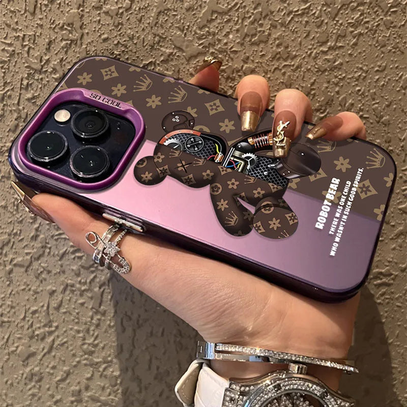 Shockproof Matte Plating Case for iPhone 16, 15, 14, Pro Max, Plus, – Retro Robot Bear Hard Cover