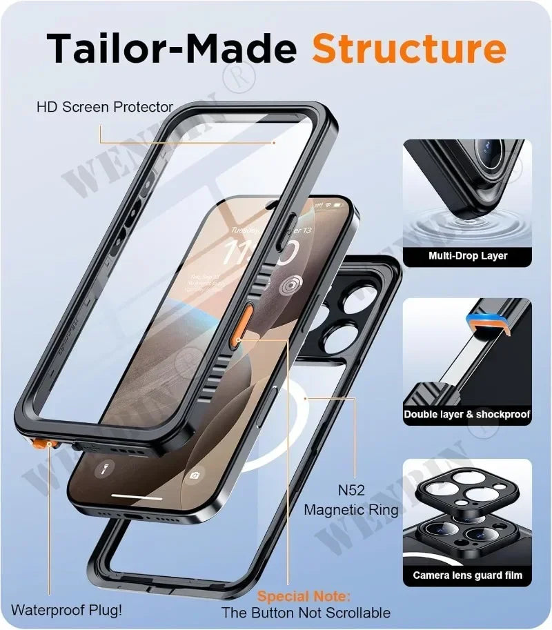 Waterproof Case For iPhone 17 16 15 Pro Max Plus Full Body Protective Cover Swim Underwater Diving Magsafe Magnetic Fundas