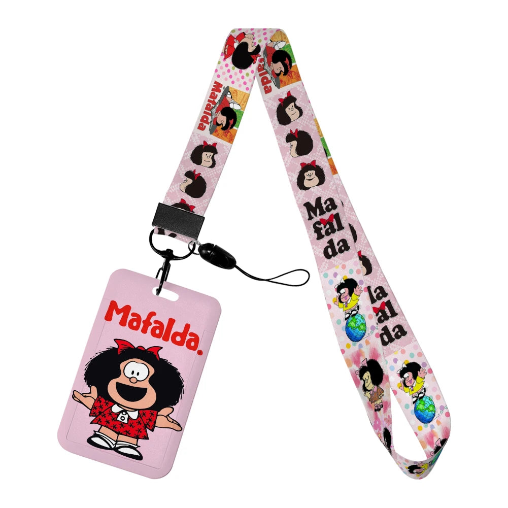 Cartoon Cute Mafalda Card Holder & Keychain for Girls | Student Badge Holder, Phone Strap, and Lanyard Pendant